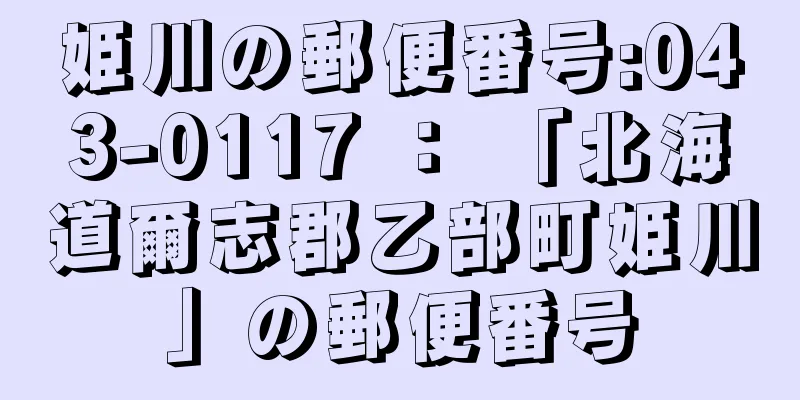 姫川の郵便番号:043-0117 ： 「北海道爾志郡乙部町姫川」の郵便番号