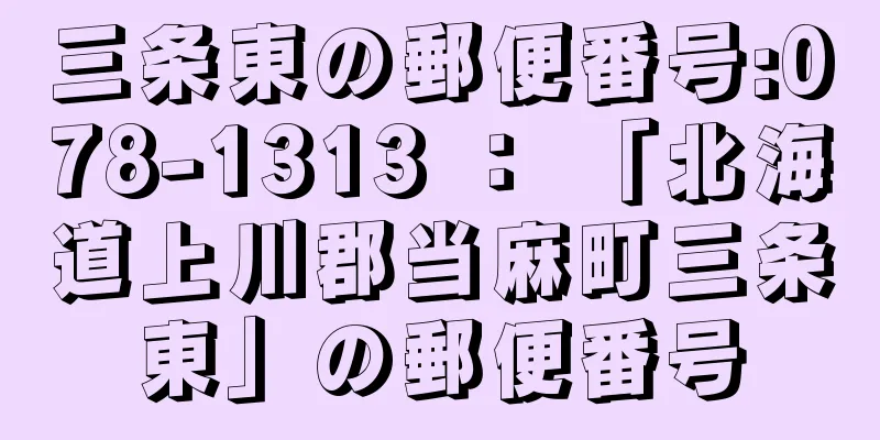 三条東の郵便番号:078-1313 ： 「北海道上川郡当麻町三条東」の郵便番号