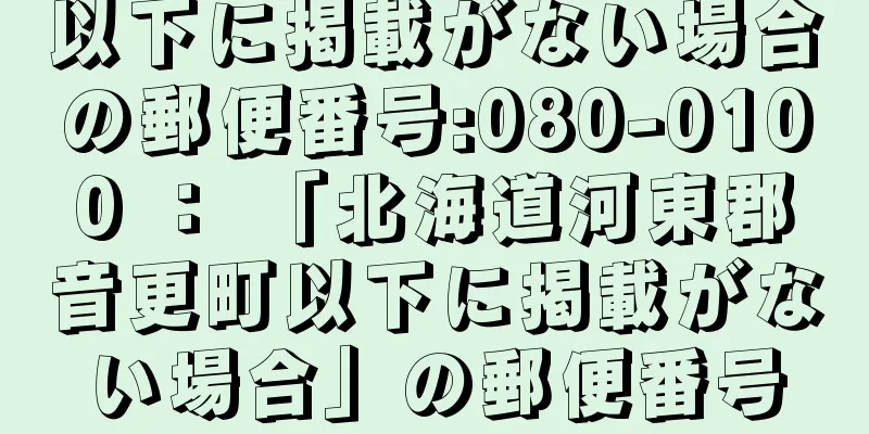 以下に掲載がない場合の郵便番号:080-0100 ： 「北海道河東郡音更町以下に掲載がない場合」の郵便番号