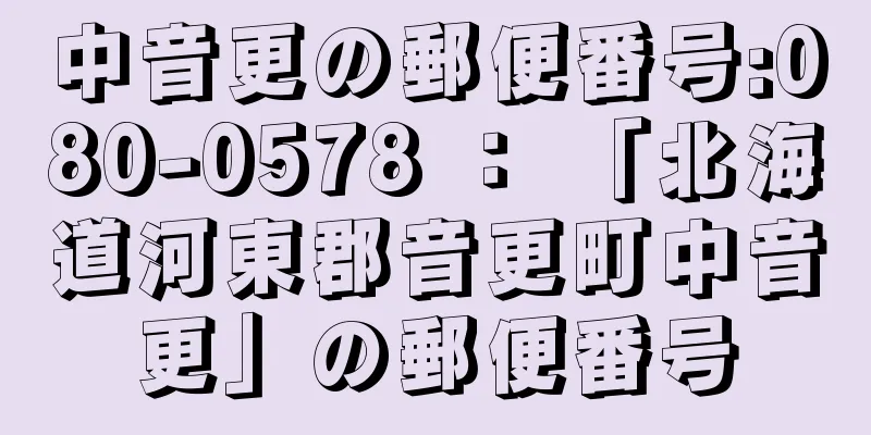 中音更の郵便番号:080-0578 ： 「北海道河東郡音更町中音更」の郵便番号