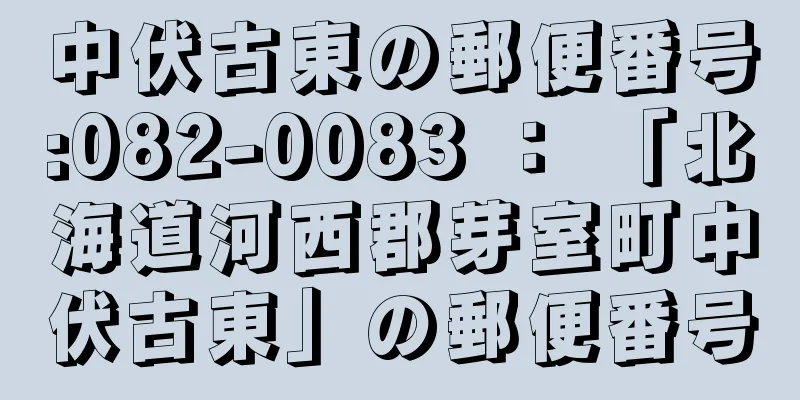 中伏古東の郵便番号:082-0083 ： 「北海道河西郡芽室町中伏古東」の郵便番号