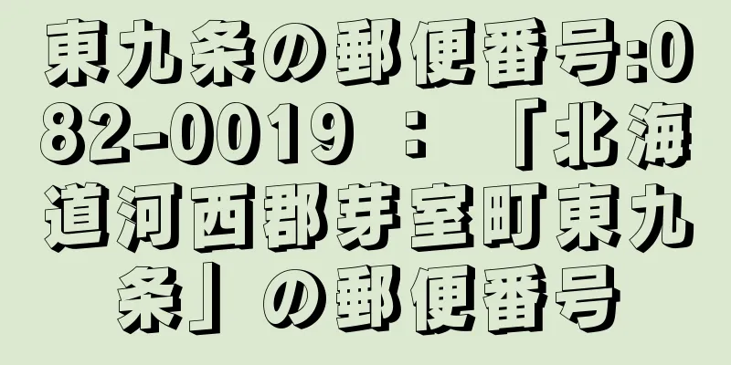 東九条の郵便番号:082-0019 ： 「北海道河西郡芽室町東九条」の郵便番号