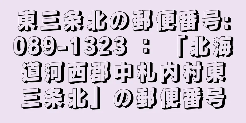 東三条北の郵便番号:089-1323 ： 「北海道河西郡中札内村東三条北」の郵便番号