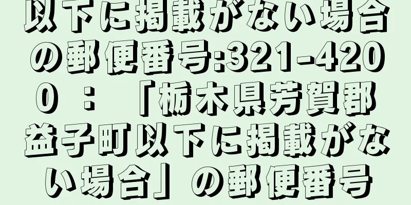 以下に掲載がない場合の郵便番号:321-4200 ： 「栃木県芳賀郡益子町以下に掲載がない場合」の郵便番号