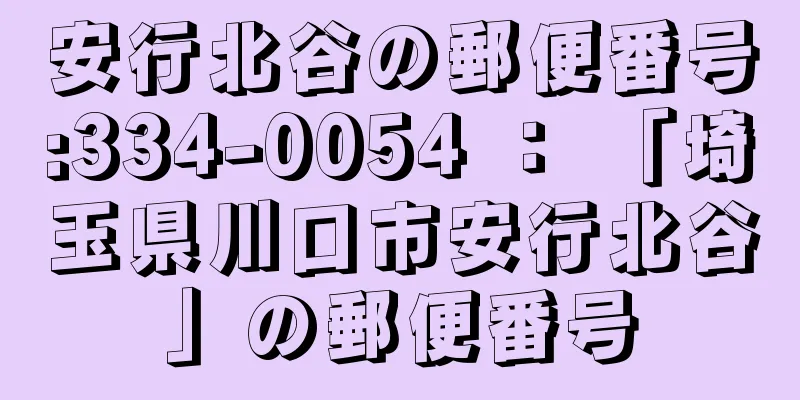 安行北谷の郵便番号:334-0054 ： 「埼玉県川口市安行北谷」の郵便番号