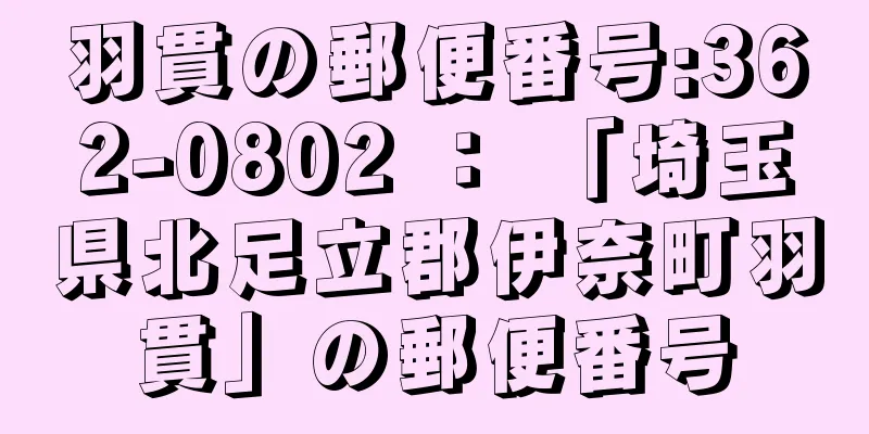 羽貫の郵便番号:362-0802 ： 「埼玉県北足立郡伊奈町羽貫」の郵便番号