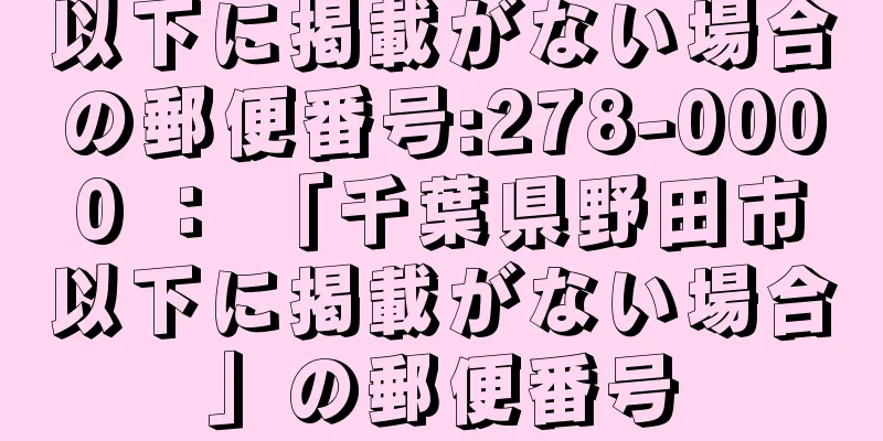 以下に掲載がない場合の郵便番号:278-0000 ： 「千葉県野田市以下に掲載がない場合」の郵便番号