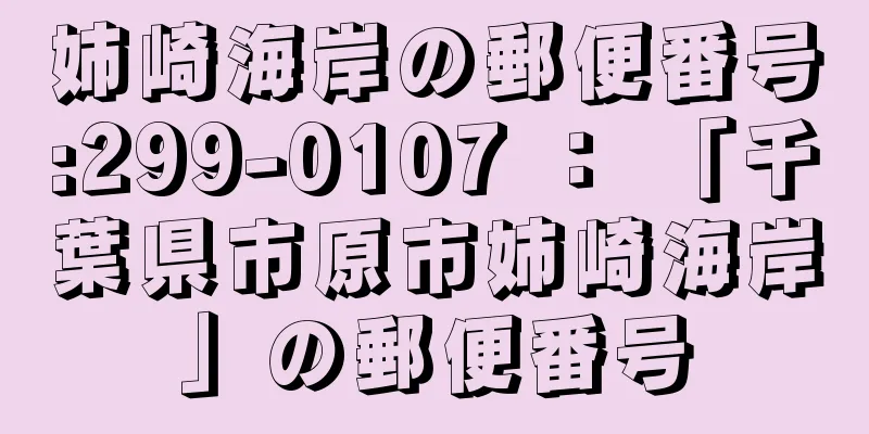 姉崎海岸の郵便番号:299-0107 ： 「千葉県市原市姉崎海岸」の郵便番号