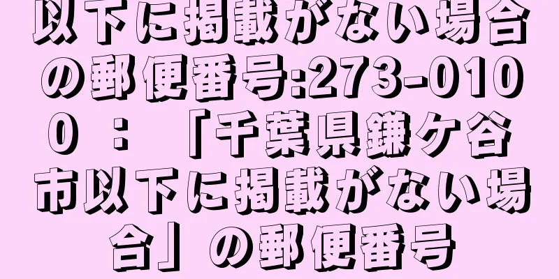 以下に掲載がない場合の郵便番号:273-0100 ： 「千葉県鎌ケ谷市以下に掲載がない場合」の郵便番号