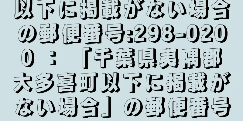 以下に掲載がない場合の郵便番号:298-0200 ： 「千葉県夷隅郡大多喜町以下に掲載がない場合」の郵便番号