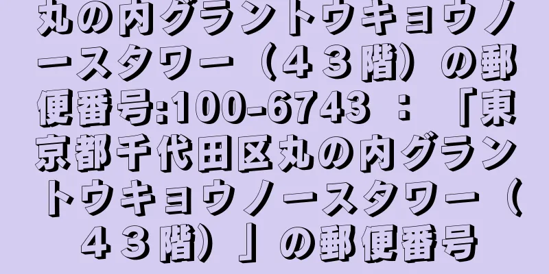 丸の内グラントウキョウノースタワー（４３階）の郵便番号:100-6743 ： 「東京都千代田区丸の内グラントウキョウノースタワー（４３階）」の郵便番号