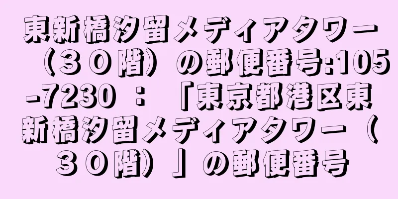 東新橋汐留メディアタワー（３０階）の郵便番号:105-7230 ： 「東京都港区東新橋汐留メディアタワー（３０階）」の郵便番号