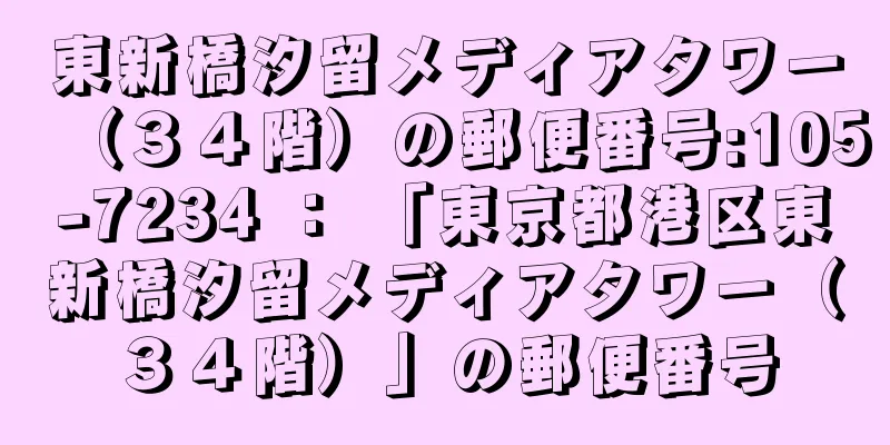 東新橋汐留メディアタワー（３４階）の郵便番号:105-7234 ： 「東京都港区東新橋汐留メディアタワー（３４階）」の郵便番号