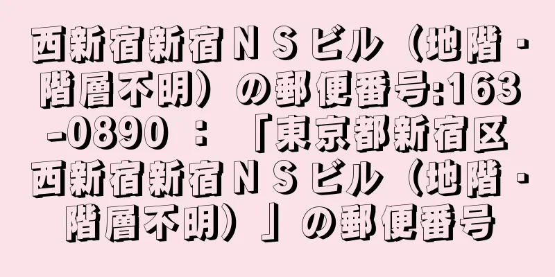 西新宿新宿ＮＳビル（地階・階層不明）の郵便番号:163-0890 ： 「東京都新宿区西新宿新宿ＮＳビル（地階・階層不明）」の郵便番号