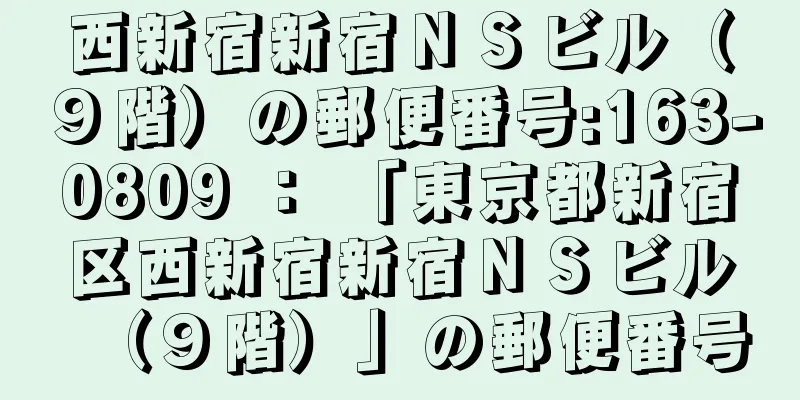 西新宿新宿ＮＳビル（９階）の郵便番号:163-0809 ： 「東京都新宿区西新宿新宿ＮＳビル（９階）」の郵便番号