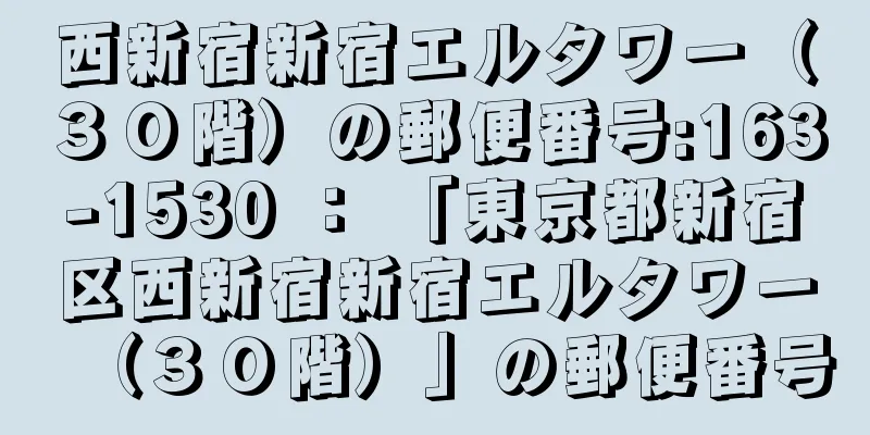 西新宿新宿エルタワー（３０階）の郵便番号:163-1530 ： 「東京都新宿区西新宿新宿エルタワー（３０階）」の郵便番号