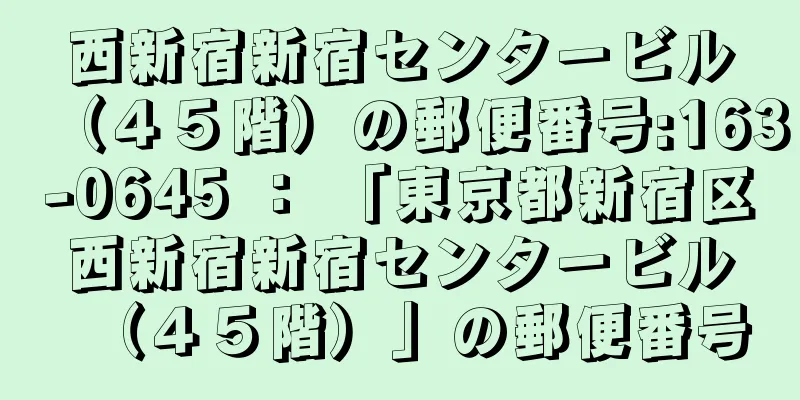 西新宿新宿センタービル（４５階）の郵便番号:163-0645 ： 「東京都新宿区西新宿新宿センタービル（４５階）」の郵便番号