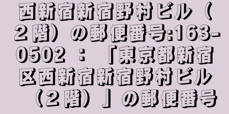 西新宿新宿野村ビル（２階）の郵便番号:163-0502 ： 「東京都新宿区西新宿新宿野村ビル（２階）」の郵便番号