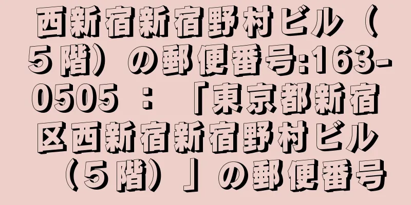 西新宿新宿野村ビル（５階）の郵便番号:163-0505 ： 「東京都新宿区西新宿新宿野村ビル（５階）」の郵便番号