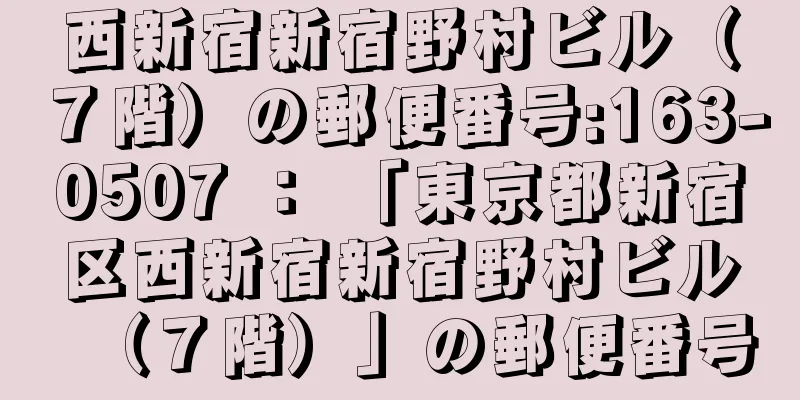 西新宿新宿野村ビル（７階）の郵便番号:163-0507 ： 「東京都新宿区西新宿新宿野村ビル（７階）」の郵便番号