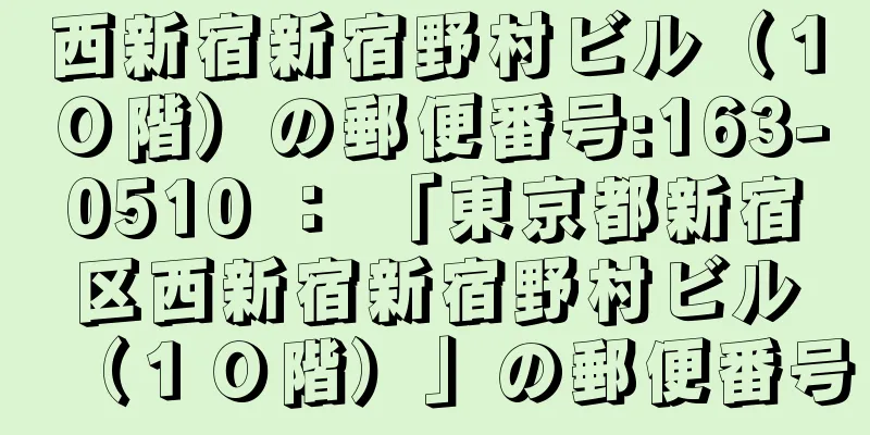 西新宿新宿野村ビル（１０階）の郵便番号:163-0510 ： 「東京都新宿区西新宿新宿野村ビル（１０階）」の郵便番号