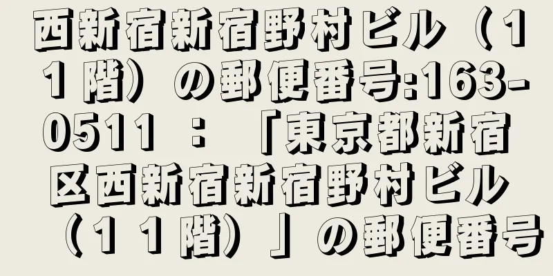 西新宿新宿野村ビル（１１階）の郵便番号:163-0511 ： 「東京都新宿区西新宿新宿野村ビル（１１階）」の郵便番号