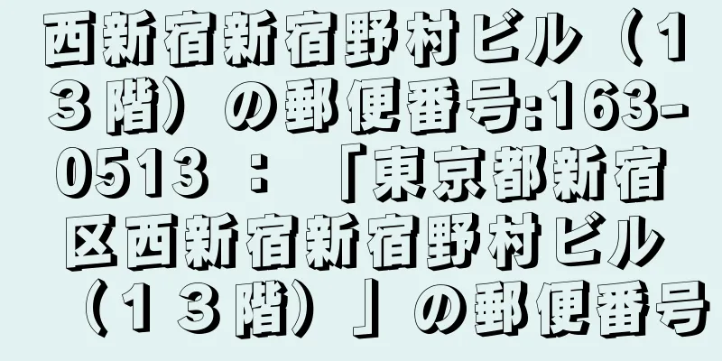 西新宿新宿野村ビル（１３階）の郵便番号:163-0513 ： 「東京都新宿区西新宿新宿野村ビル（１３階）」の郵便番号