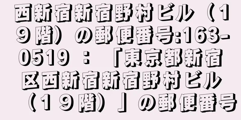 西新宿新宿野村ビル（１９階）の郵便番号:163-0519 ： 「東京都新宿区西新宿新宿野村ビル（１９階）」の郵便番号