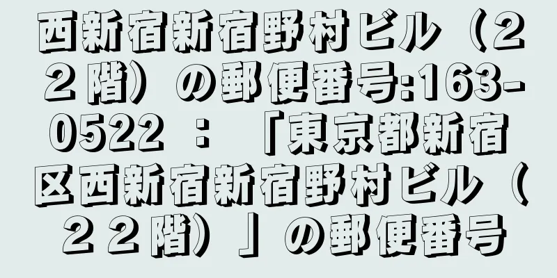 西新宿新宿野村ビル（２２階）の郵便番号:163-0522 ： 「東京都新宿区西新宿新宿野村ビル（２２階）」の郵便番号