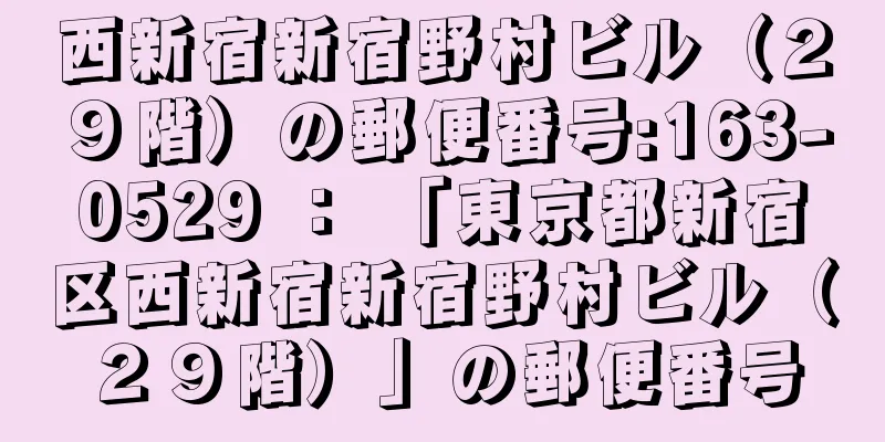 西新宿新宿野村ビル（２９階）の郵便番号:163-0529 ： 「東京都新宿区西新宿新宿野村ビル（２９階）」の郵便番号