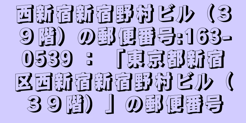 西新宿新宿野村ビル（３９階）の郵便番号:163-0539 ： 「東京都新宿区西新宿新宿野村ビル（３９階）」の郵便番号