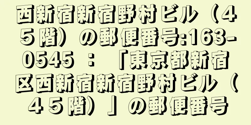 西新宿新宿野村ビル（４５階）の郵便番号:163-0545 ： 「東京都新宿区西新宿新宿野村ビル（４５階）」の郵便番号