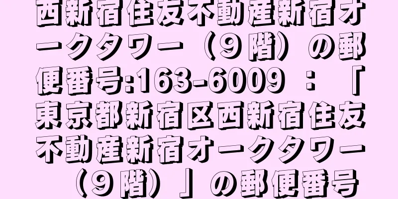 西新宿住友不動産新宿オークタワー（９階）の郵便番号:163-6009 ： 「東京都新宿区西新宿住友不動産新宿オークタワー（９階）」の郵便番号