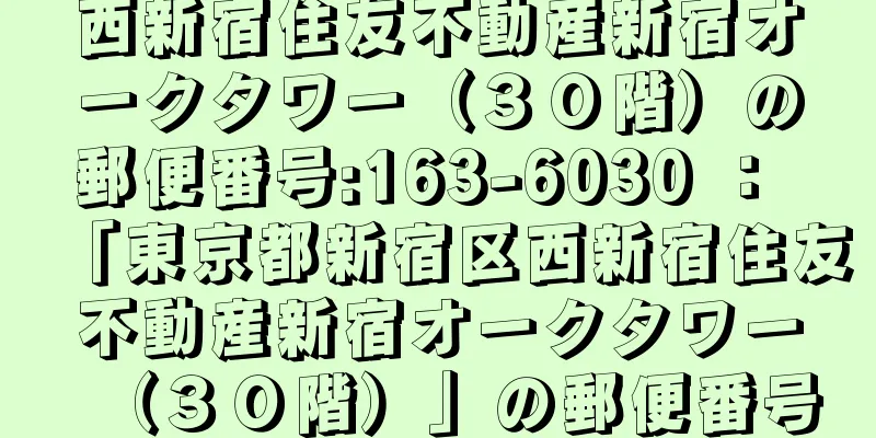 西新宿住友不動産新宿オークタワー（３０階）の郵便番号:163-6030 ： 「東京都新宿区西新宿住友不動産新宿オークタワー（３０階）」の郵便番号