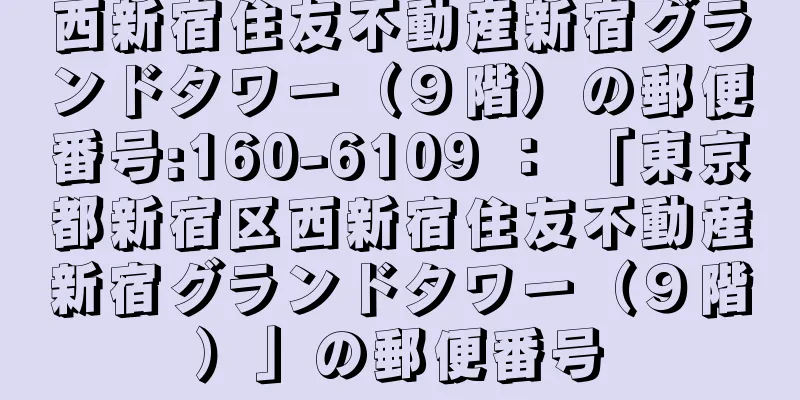 西新宿住友不動産新宿グランドタワー（９階）の郵便番号:160-6109 ： 「東京都新宿区西新宿住友不動産新宿グランドタワー（９階）」の郵便番号