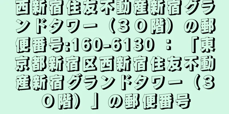 西新宿住友不動産新宿グランドタワー（３０階）の郵便番号:160-6130 ： 「東京都新宿区西新宿住友不動産新宿グランドタワー（３０階）」の郵便番号