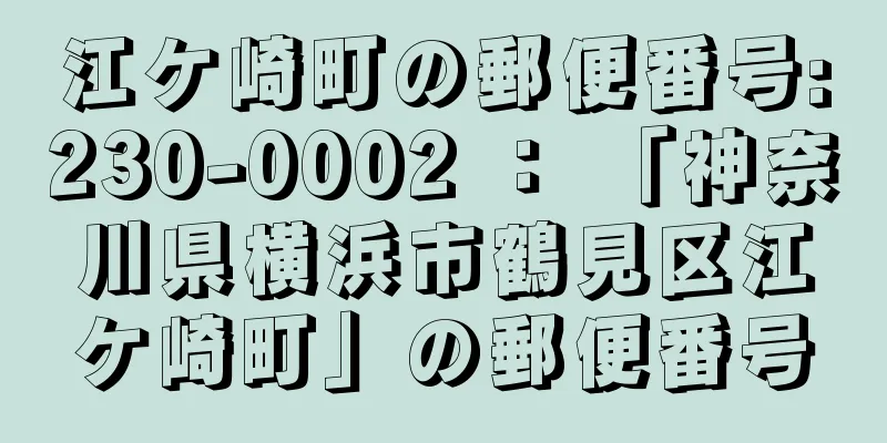 江ケ崎町の郵便番号:230-0002 ： 「神奈川県横浜市鶴見区江ケ崎町」の郵便番号