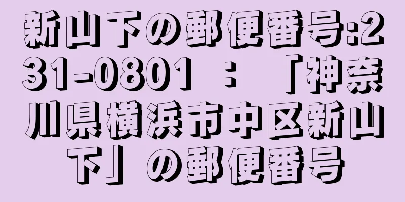 新山下の郵便番号:231-0801 ： 「神奈川県横浜市中区新山下」の郵便番号