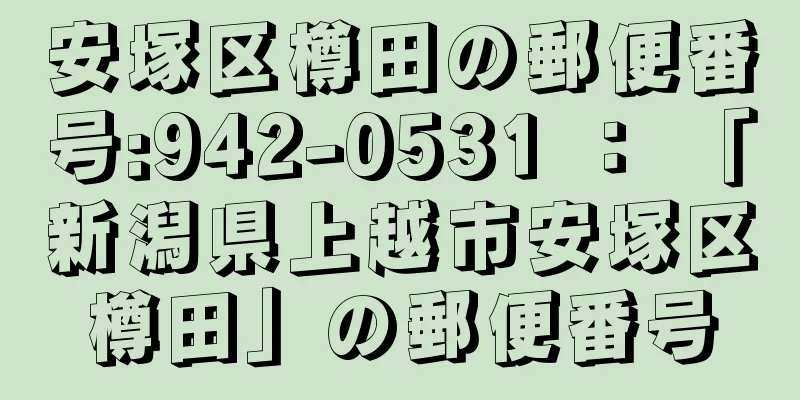 安塚区樽田の郵便番号:942-0531 ： 「新潟県上越市安塚区樽田」の郵便番号