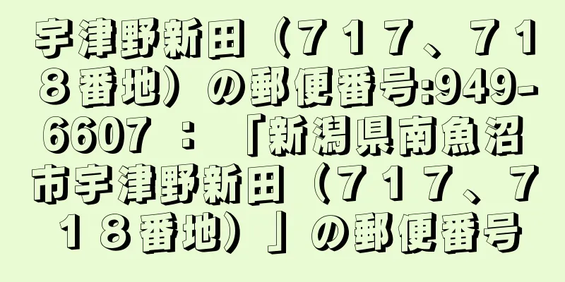 宇津野新田（７１７、７１８番地）の郵便番号:949-6607 ： 「新潟県南魚沼市宇津野新田（７１７、７１８番地）」の郵便番号