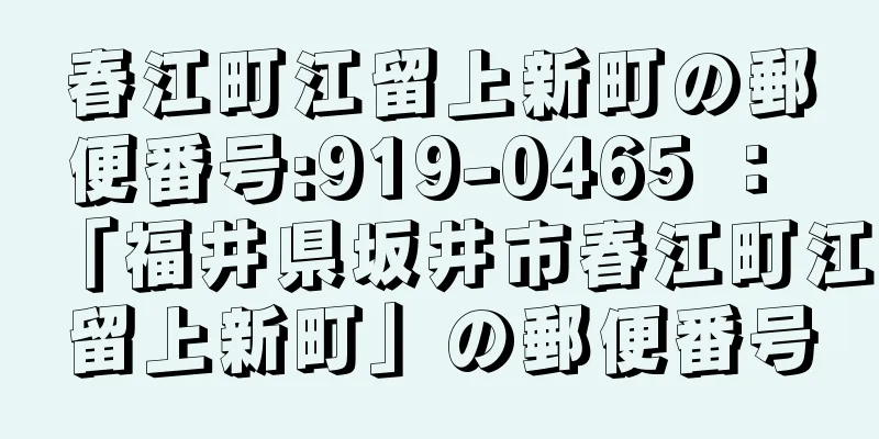 春江町江留上新町の郵便番号:919-0465 ： 「福井県坂井市春江町江留上新町」の郵便番号