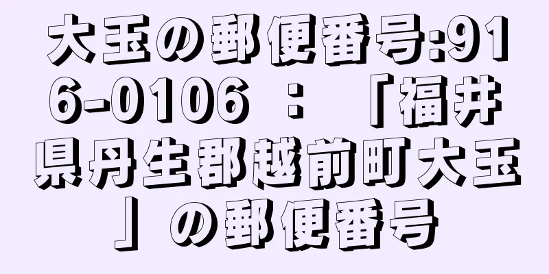 大玉の郵便番号:916-0106 ： 「福井県丹生郡越前町大玉」の郵便番号