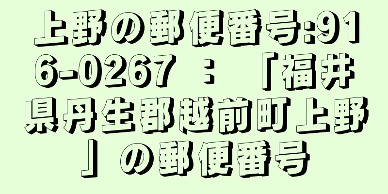 上野の郵便番号:916-0267 ： 「福井県丹生郡越前町上野」の郵便番号