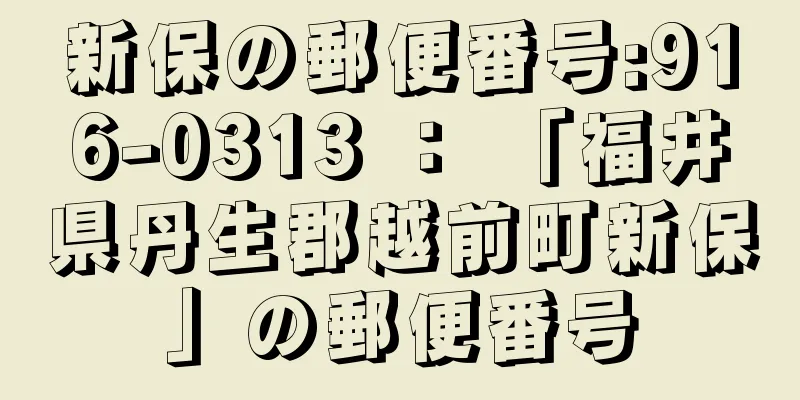 新保の郵便番号:916-0313 ： 「福井県丹生郡越前町新保」の郵便番号