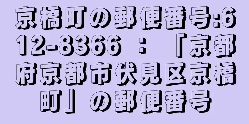 京橋町の郵便番号:612-8366 ： 「京都府京都市伏見区京橋町」の郵便番号