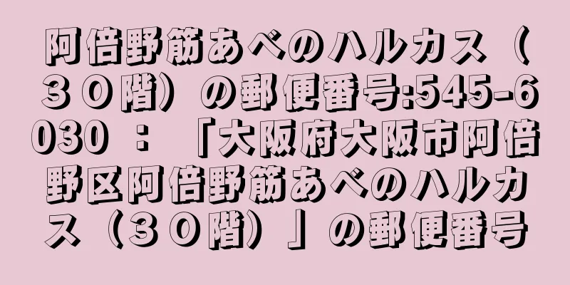 阿倍野筋あべのハルカス（３０階）の郵便番号:545-6030 ： 「大阪府大阪市阿倍野区阿倍野筋あべのハルカス（３０階）」の郵便番号